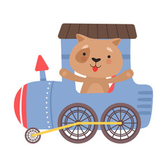 Wall Mural - Funny Dog with Red Cheeks Riding on Train Vector Illustration