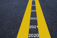 Number Of 2020 To 2025 On Asphalt Road Surface With Marking Lines, Happy New Year Concept And Productive Idea