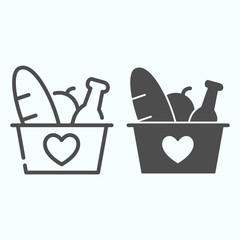 Poster - Donation Products line and solid icon. Grocery basket with heart vector illustration isolated on white. Donation box with products outline style design, designed for web and app. Eps 10.