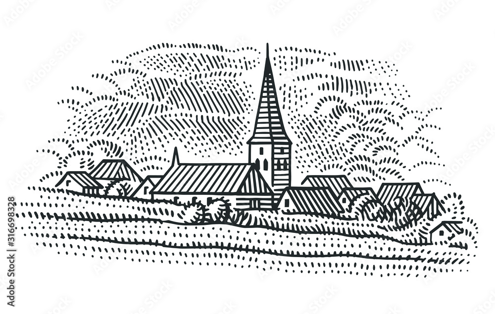 European village rural landscape/vineyard illustration. Isolated, vector. 	 - obrazy, fototapety, plakaty 