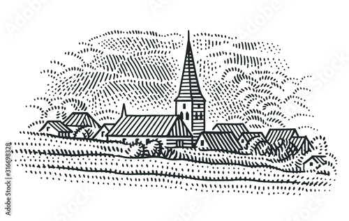 Fotomural European village rural landscape/vineyard illustration