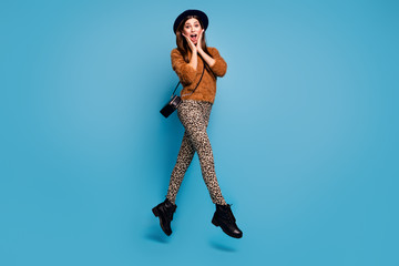 Sticker - Full body photo of crazy funky girl have fun fall spring holiday see black friday bargain scream wow omg jump wear casual style clothes clutch isolated over blue color background