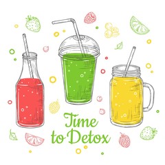 Wall Mural - Smoothie background. Summer drink, doodle healthy juices. Fresh fruit diet. Isolated detox breakfast illustration. Vector poster design. Time to detox, smoothie healthy drink, freshness juice