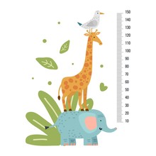 Height Measure. Measuring Ruler Children, Growth Scale For Kindergarten, Pediatric Or School With Giraffe. Vector Animals Wall Sticker. Illustration Stadiometer Height, Giraffe And Animal