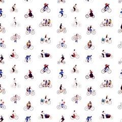 Poster - People riding bicycle flat vector seamless pattern. Men and women with urban vehicle background. Cartoon characters riding eco transport texture. Wrapping paper, textile, fabric design.