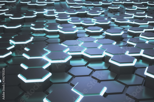 Creative glowing blue hexagonal background.
