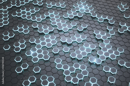 Glowing blue hexagonal background.