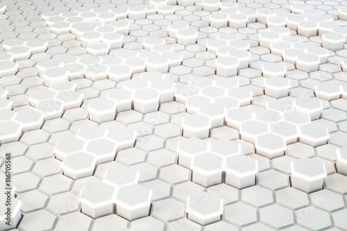 Creative white glowing hexagonal background.