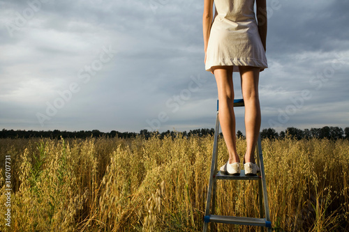 Fotografía Woman standing on step ladder in field