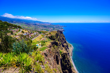 Amazing panorama view from Cabo Girao cliff close to Camara de Lobos on Madeira island, Portugal