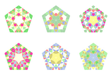 Poster - Geometrical ornate abstract tiled pentagon symbol set - colorful geometric ornamental polygonal vector illustrations with mosaic triangles