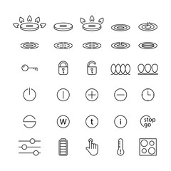 Set of icons for cooktops of stoves. Temperature indicator, touch control, lock. Linear illustration for gas, electric induction, glass ceramic, halogen hobs. Contour isolated vector. Editable stroke