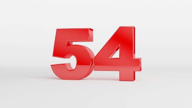Number 54 in glossy red color on white background, isolated number, 3d render