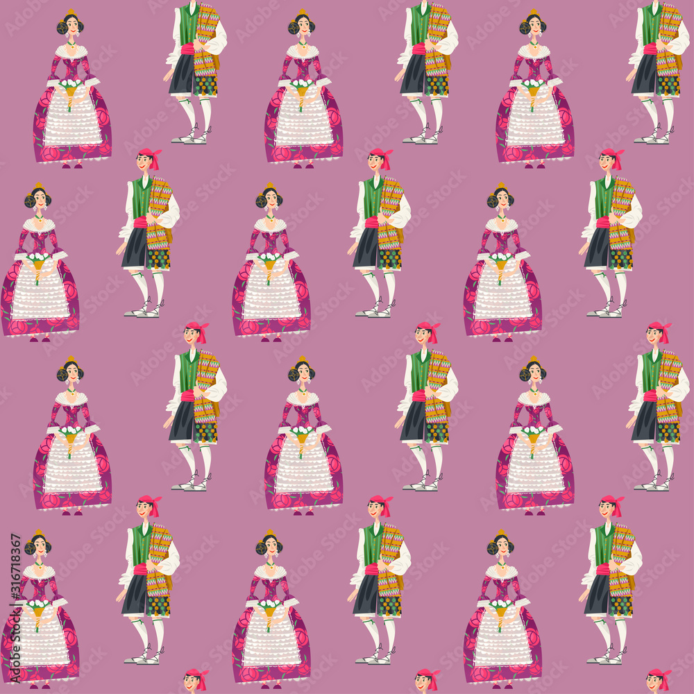 Couple in traditional clothes during the festival of Las Fallas (Festival  of Fire) in Valencia, Spain. Seamless background pattern. Stock Vector |  Adobe Stock