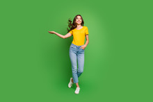 Full Length Body Size View Of Nice Attractive Lovely Slim Fit Thin Dreamy Cheerful Cheery Wavy-haired Girl Having Fun Throwing Hair Isolated On Bright Vivid Shine Vibrant Green Color Background
