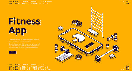 Fitness app isometric landing page. Gym equipment around huge smartphone with pie chart on screen, workout training application on yellow background, 3d vector illustration, line art style, web banner