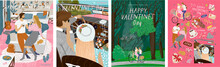 Happy Valentine's Day! Vector Illustration For The Holiday Of Love - February 14th. Drawings Of A Couple At Home, Newlyweds In A Retro Car And Lovers On A Bicycle In Nature