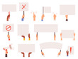 © ONYXprj - Protesters banners. Holding hands politics picket blank signs manifestation vector collection. Manifestation protest, holding demonstration placard illustration