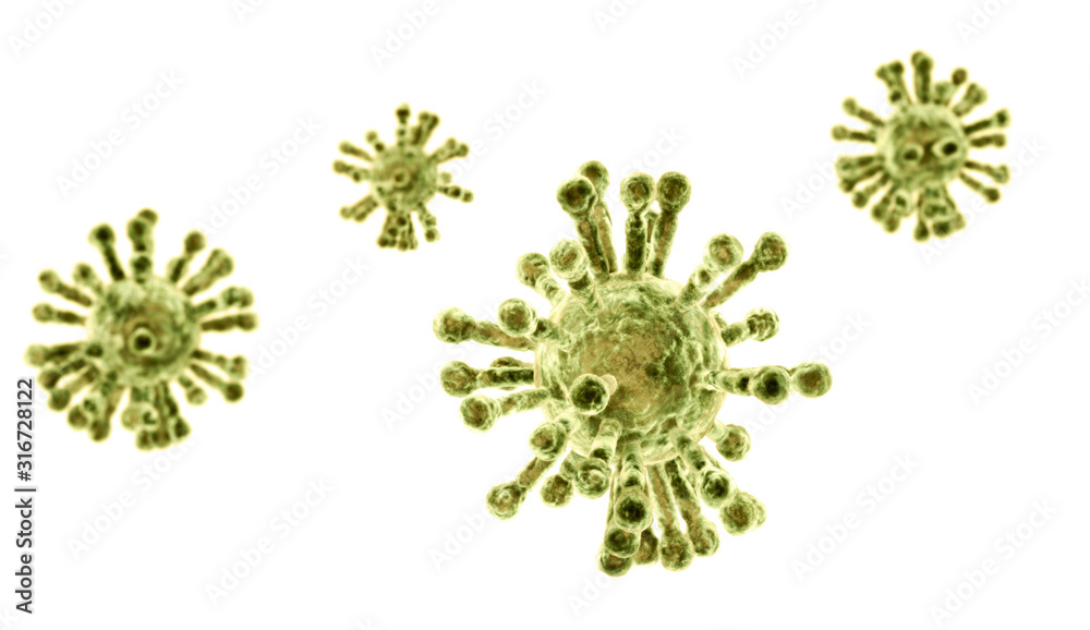 Microscopic view of Coronavirus, a pathogen that attacks the respiratory tract. Analysis and test, experimentation. Sars. 3d render - obrazy, fototapety, plakaty 