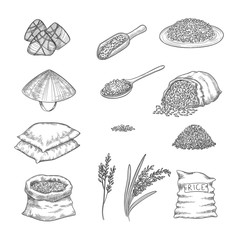 Wall Mural - doodle rice. agricultural nature collection of rice sacks grains vector hand drawn set. illustration