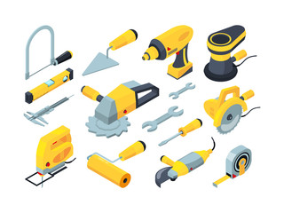 Poster - Constructions tools. Drill hammer paintbrush measuring builders equipment vector isometric. Illustration hammer and screwdriver, drill equipment