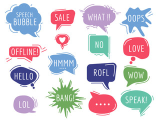 Poster - communication tags. cartoon speech bubbles with humor phrase text sound handdrawn vector balloons. i