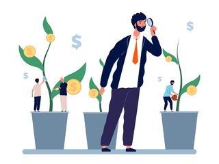 Canvas Print - Investment management. Businessman investor explores income growth. Manager and employees, business owner observes profit vector concept. Businessman get profit, investor and money illustration