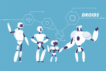 Poster - Robot group. Various androids models standing together crowd of futuristic cyborgs vector concept. Cyborg electronic, artificial mechanical robots illustration