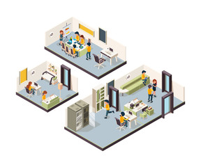 Poster - Coworking isometric. Corporate office interior open space creativity managers meeting groups freelancers talking vector low poly. Coworking layout open office, corporate workplace illustration