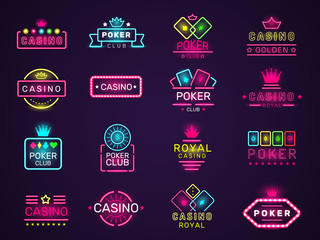 Poster - casino neon badges. poker club game logo colored lighting vegas style vector set. casino club poker,