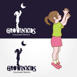 Growin'Kids Child Care Service Logo Template. A little girl on tiptoe trying to reach the moon. It symbolizes growth, trying to achieve goals, lightheartedness, catching dreams, childhood.