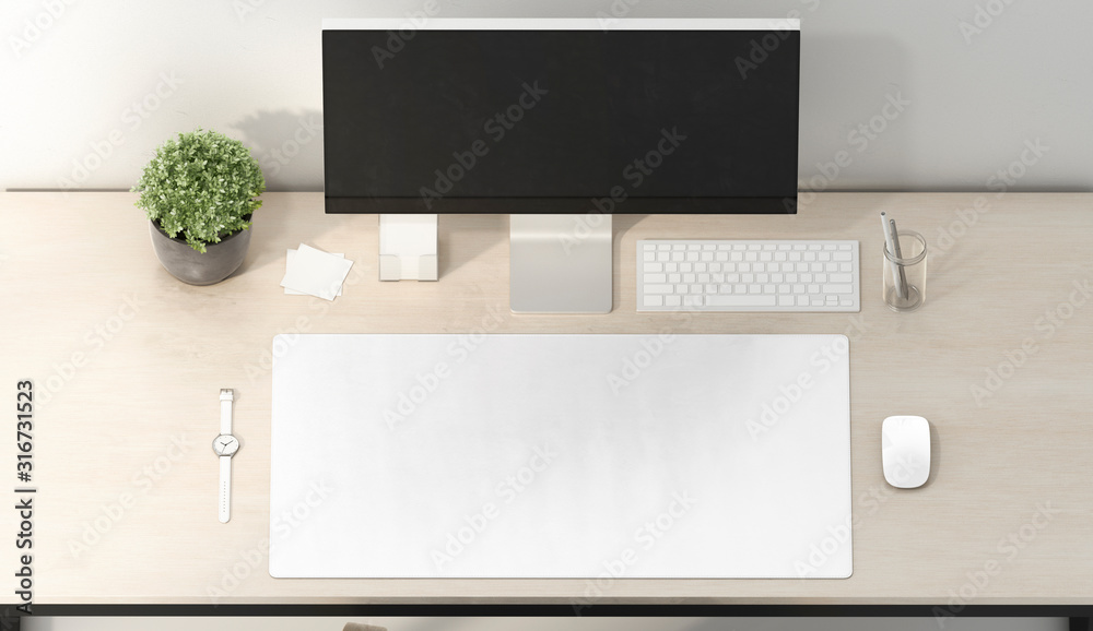 Blank white desk mat mouse and keyboard mockup, top view - obrazy, fototapety, plakaty 
