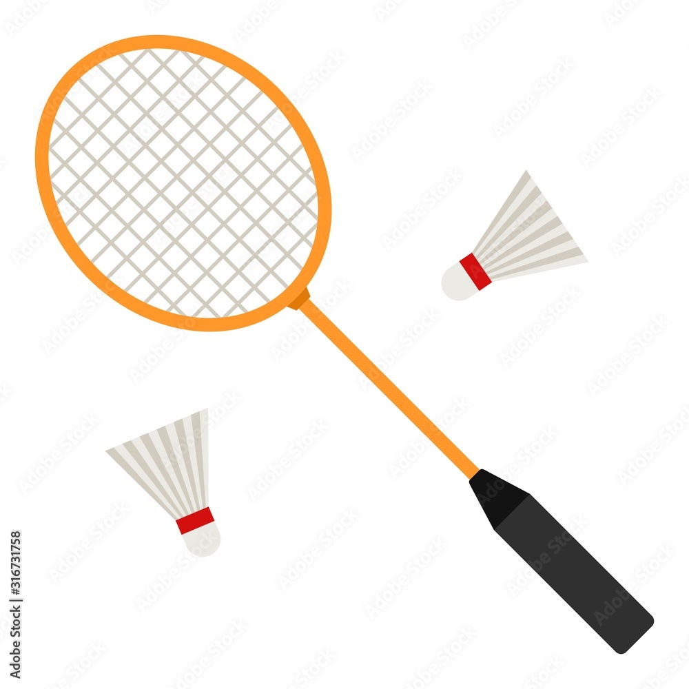 Badminton racket and white shuttlecocks on white background. Equipments for badminton game sport. Vector illustration - obrazy, fototapety, plakaty 