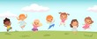Happy jumping kids. Funny children playing and jumping on meadow. Little people vector background. Friendship girl and boy, childhood joy group illustration