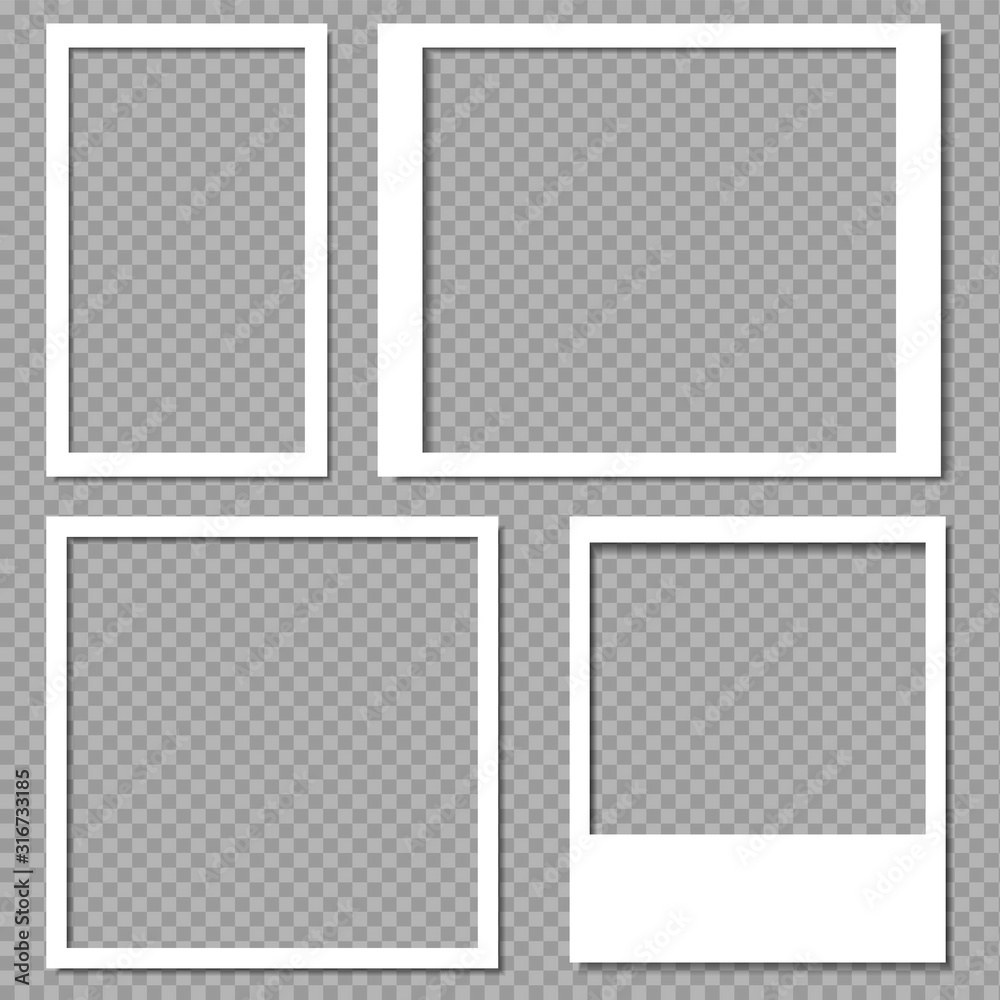 Photo frames with realistic drop shadow vector effect isolated. Image borders with 3d shadows. Empty photo frame template gallery illustration. - obrazy, fototapety, plakaty 