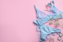 Flat Lay Composition With Women's Underwear And Space For Text On Pink Background