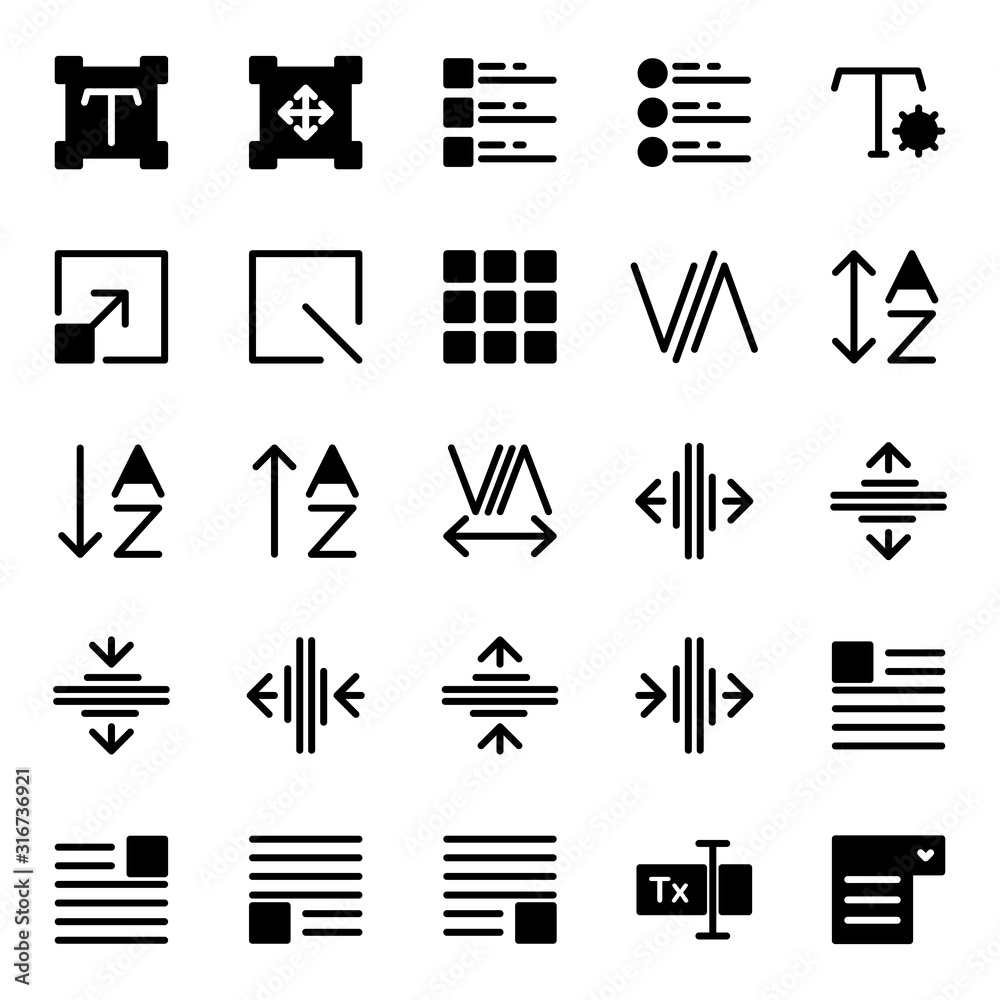Editing text icon set include setting,scale,task,grid,fine,box,kerning ...