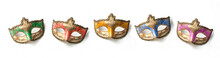 Five Theater Or Mardi Gras Venetian Masks On White Background