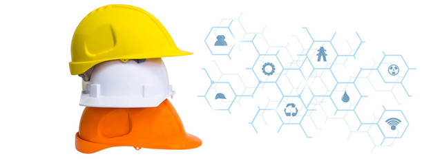Wall Mural -  White, Yellow, Orange safety hat on white background and icon industry network connection. blue tone