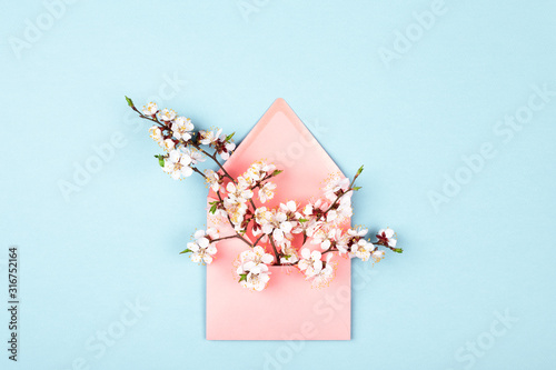 Pink envelope with branches of spring flower on blue background. Flat lay, to...