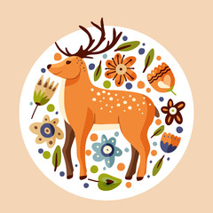 Poster - Ornate vector card with cute cartoon deer in a flat scandinavian style. Forest floral round vintage postcard with fawn animal.