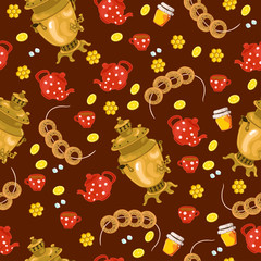 Seamless pattern of Russian tea party. Vector graphics.