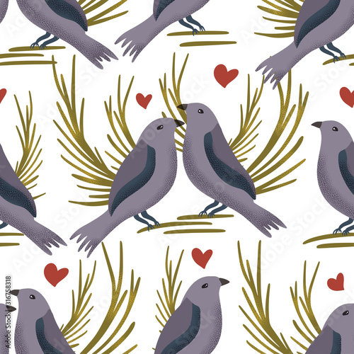vector-textured-bowerbird-seamless-pattern-in-a-flat-style-romantic-bird-animal-couple-hand-drawn-illustration-with-hearts-on-a-white-background