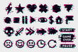 Glitch icons set. Interface navigation elements with glitchy effect. Vector signs collection.