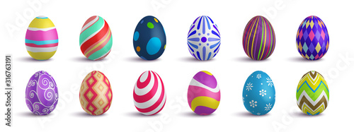 Fotomural Set of cute colorful 3d realistic Easter eggs on isolated background, decorative