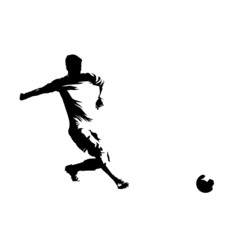 Soccer player passing ball, isolated vector silhouette, ink drawing, side view