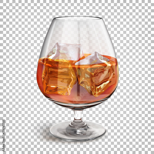 Fotomural Transparent shiny glass on a leg with cognac with ice cubes
