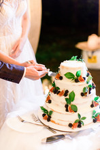Bride And Groom Cutting Wedding Cake Decorated With Fig Fruit, Fresh Blackberry And Green Leaves. Couple Hands Cutting Wedding Cake