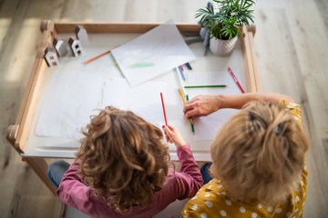 Wall Mural - A top view of small girl with mother indoors at home, drawing pictures.