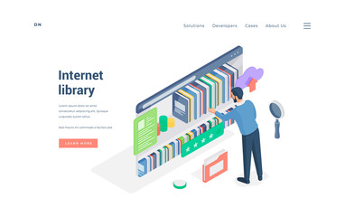 Poster - Man using Internet library with good rating isometric vector illustration